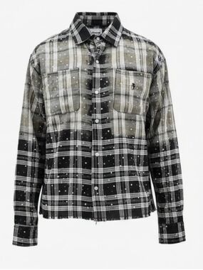Heights Men's Black and Olive Plaid District Stone Studded Flannel  Shirt